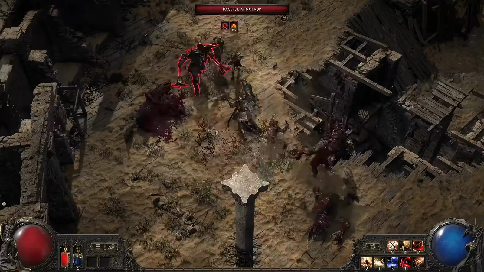 Frame from GGG’s Duelist deep dive: dual-wield Duelist in Blood Stance sending a blood wave through enemies on sandy Grand Arena ruins
