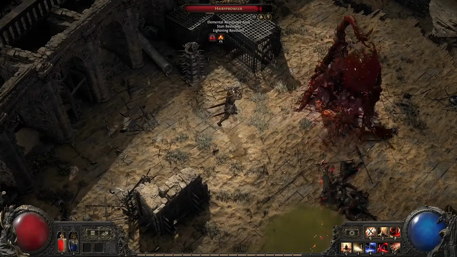Frame from GGG’s Duelist deep dive: Hemorrhage blood slashes on bleeding enemies while the Duelist stands in ruined arena stone