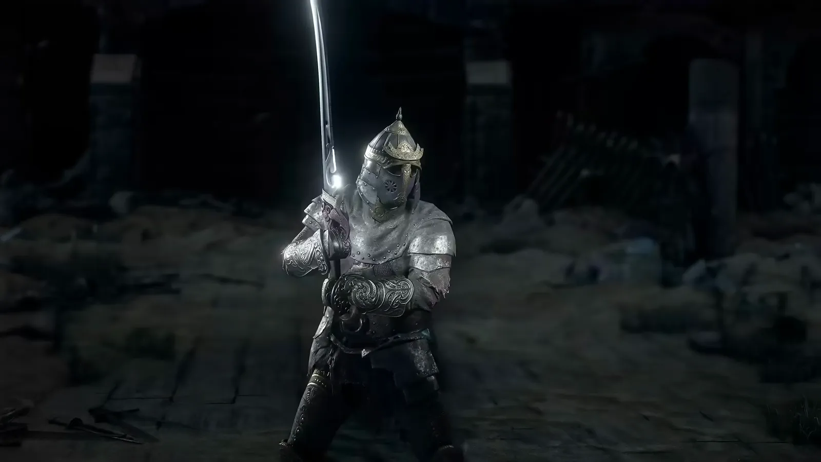 Cinematic armoured swordsman frame from the PoE2 Duelist presentation in dark ruins