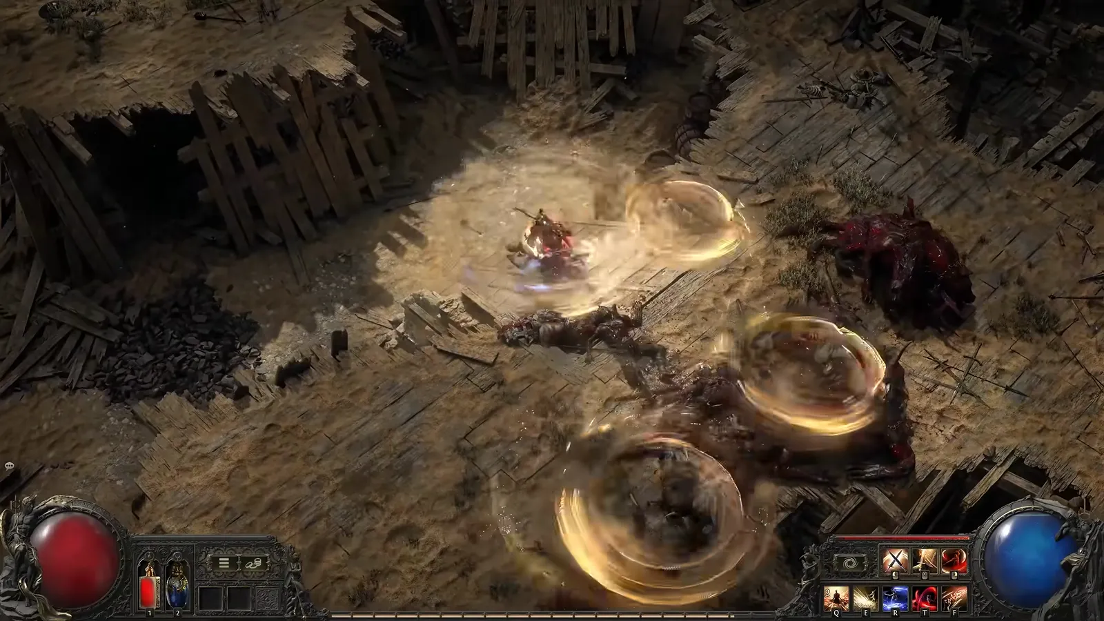 Golden sand disk whirlwinds spreading across a wooden arena floor while the Duelist spins among defeated enemies