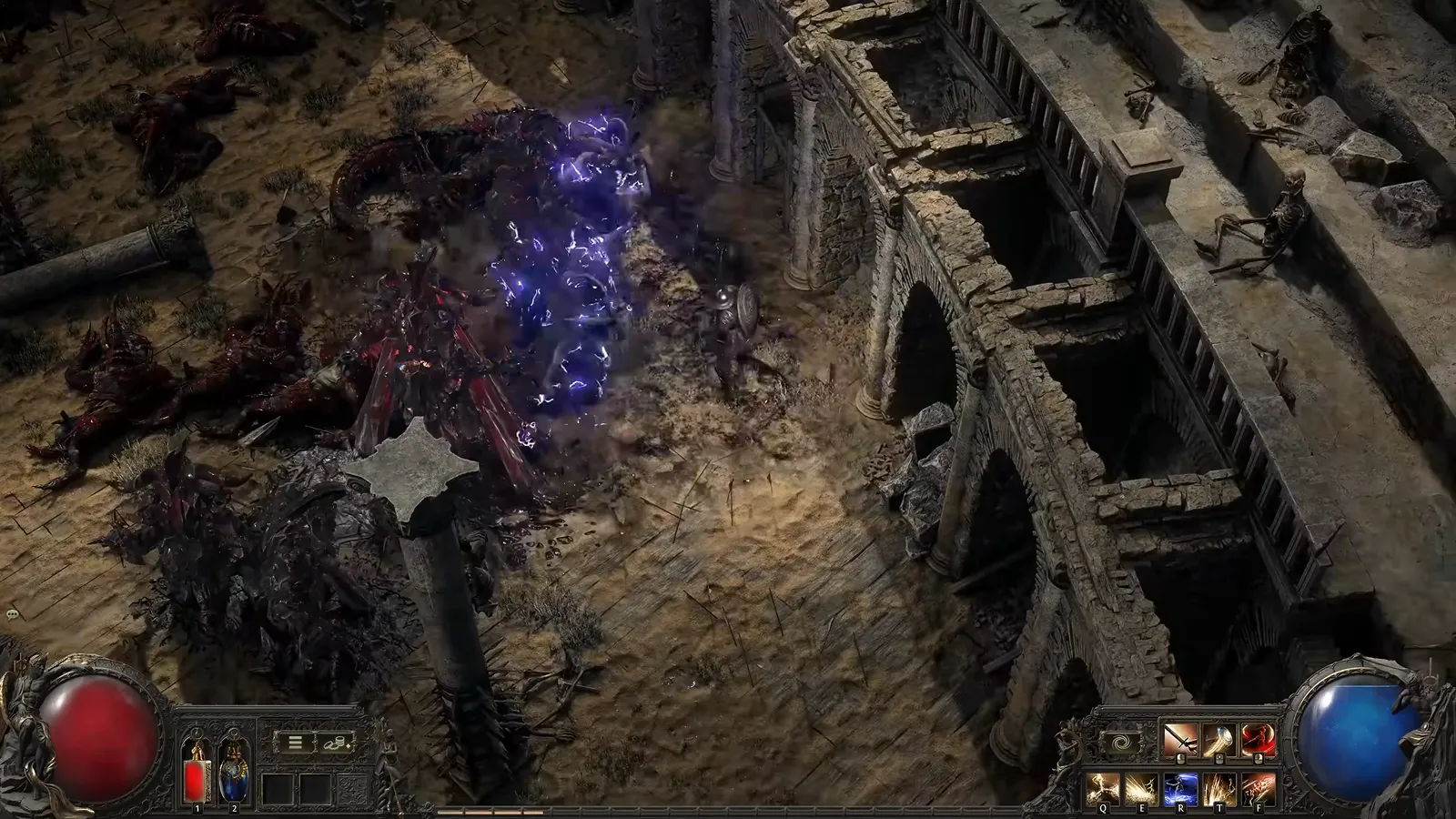 Duelist Cyclone spinning through purple lightning arcs and shocking ground between buried blades in a stone courtyard