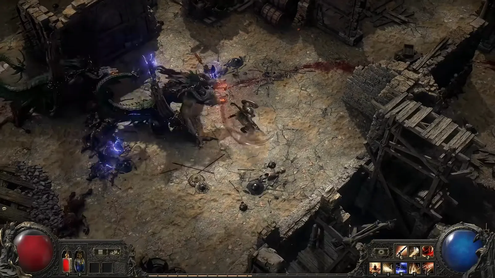 Frame from GGG’s Duelist deep dive: Charged Slash hitting buried blades as mini Tesla coils while the Duelist uses Cyclone nearby