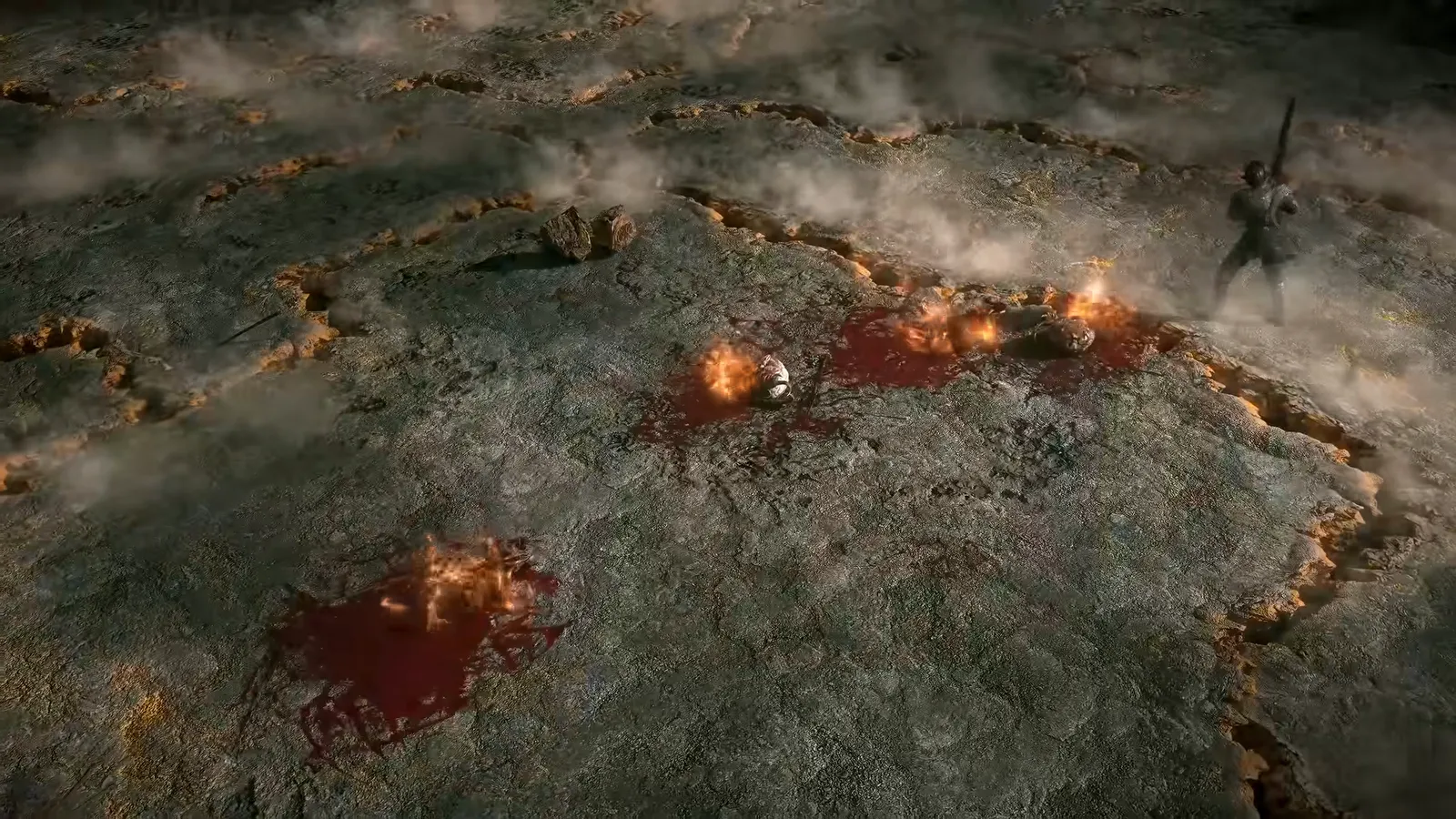 Frame from GGG’s Scourge Walker demo: fire rings and burning ground while the Duelist uses Infernal Step near enemies