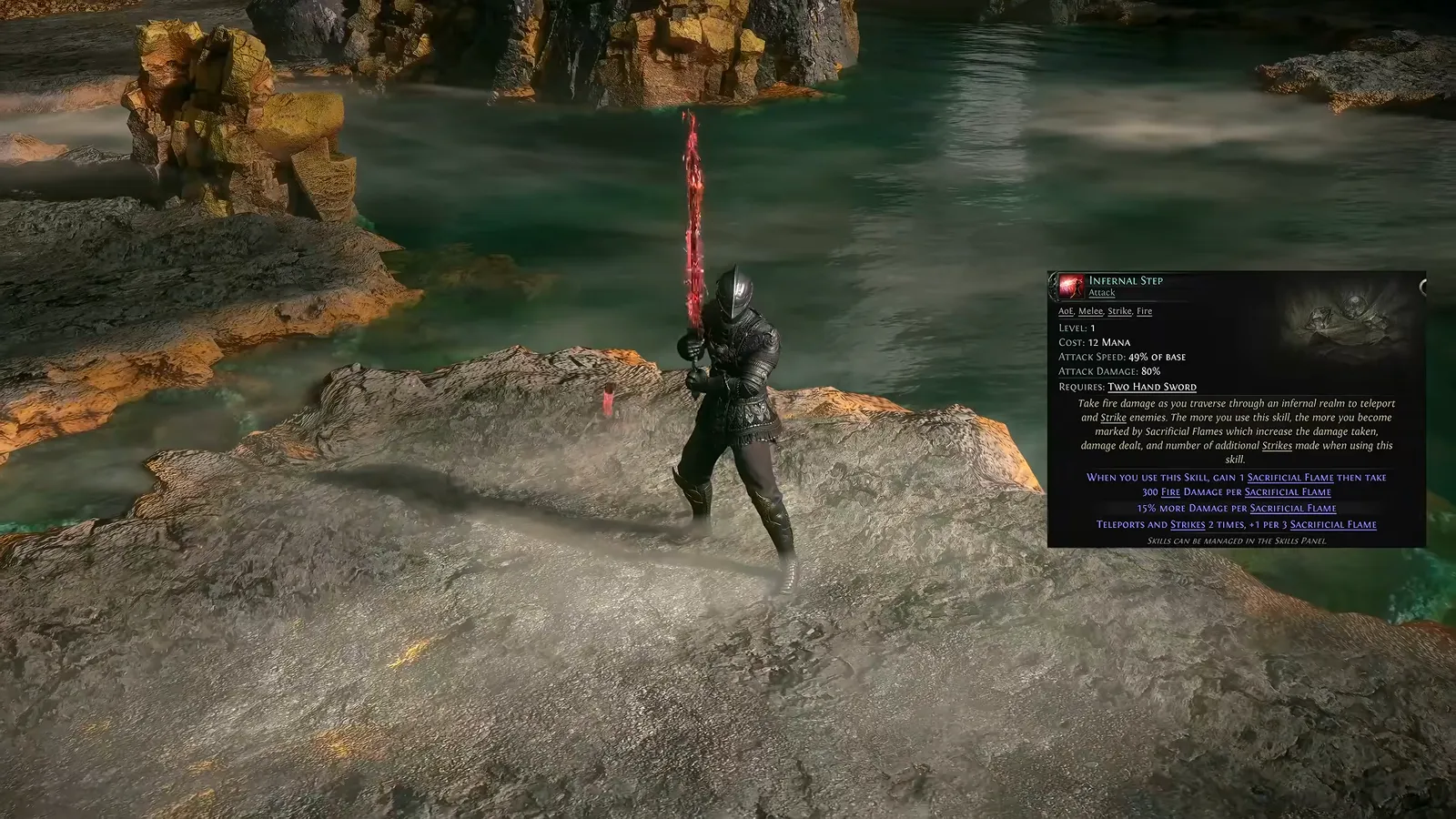 Frame from GGG’s Duelist deep dive: Duelist with Oro’s Sacrifice and the Infernal Step skill panel open in the UI