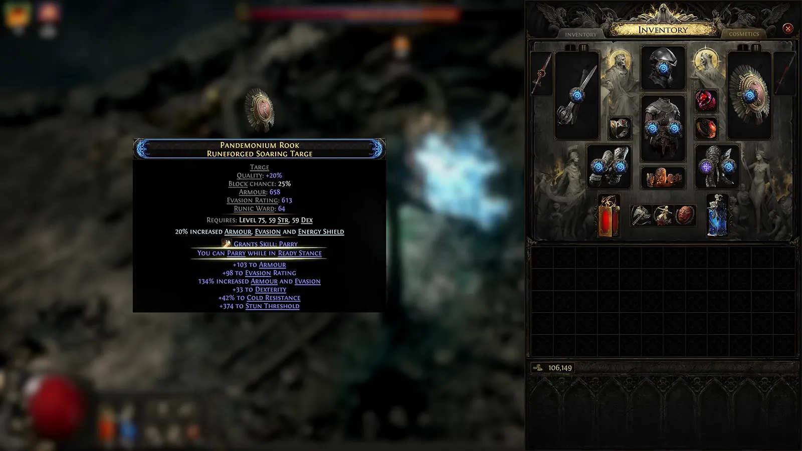 Frame from GGG’s Scourge Walker demo: Runeforged Targe item tooltip on a Duelist inventory screen (exact targe variant name not spoken)