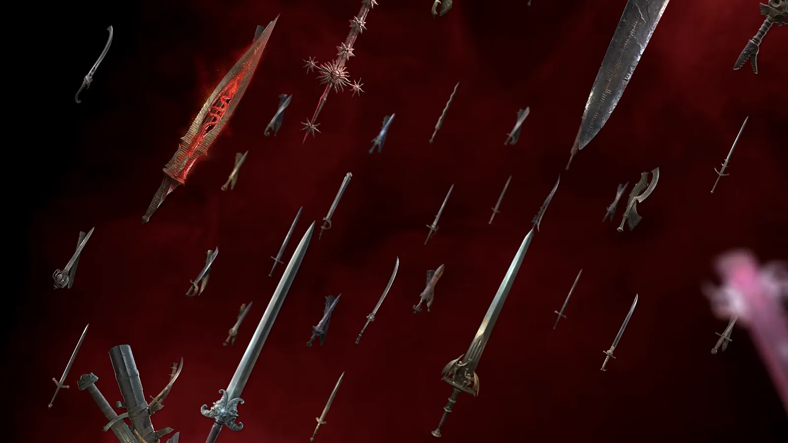 Many different PoE2 sword designs floating against a dark crimson backdrop in the Duelist gear montage