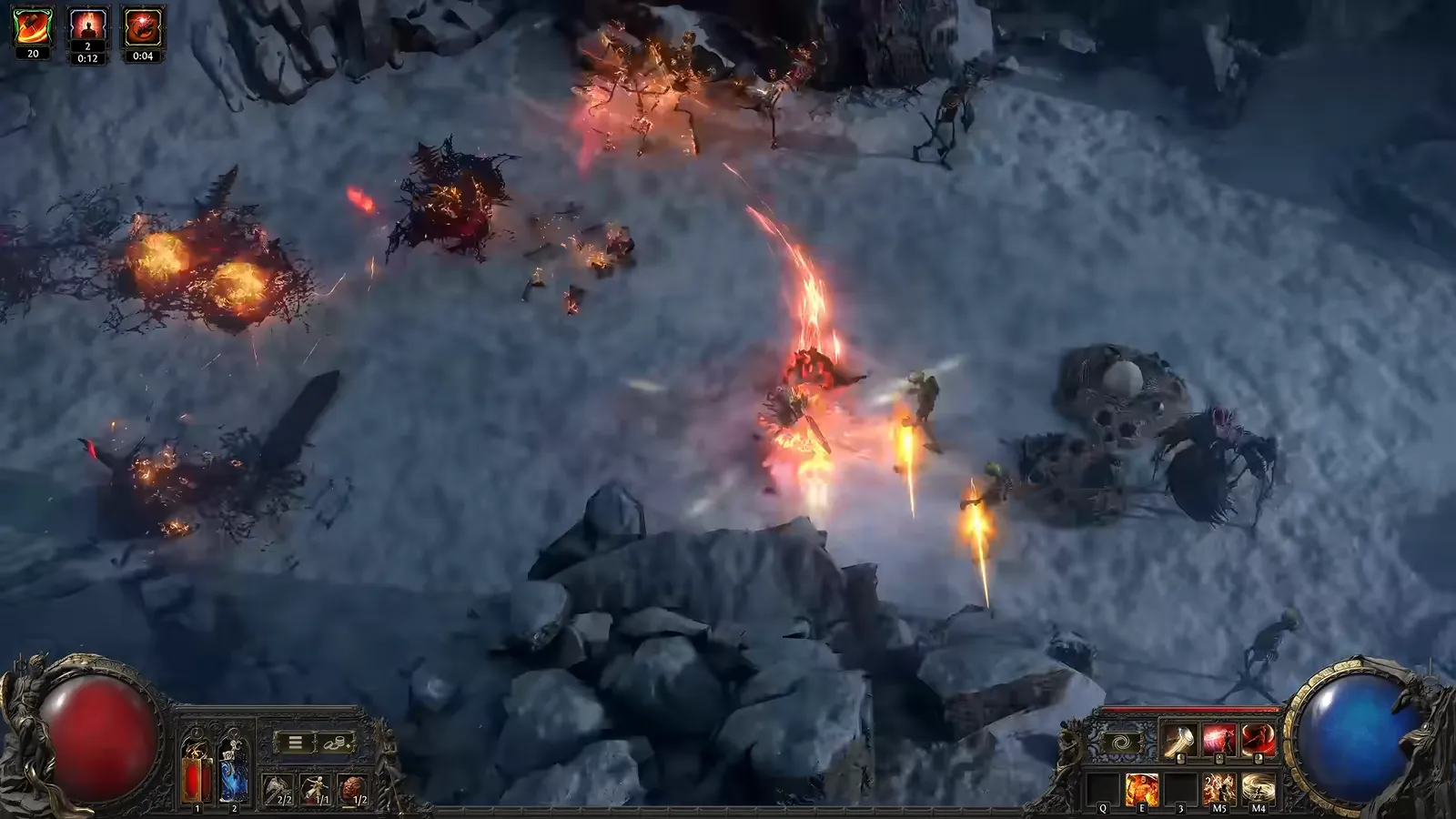 Frame from GGG’s Scourge Walker demo: Duelist using Infernal Step with fire trails while Sacrificial Flame stacks appear on the buff bar
