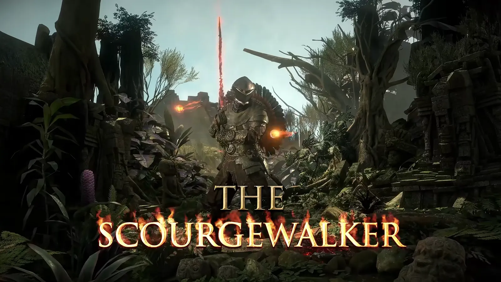 Frame from GGG’s Duelist deep dive: Scourge Walker segment title card with an armored Duelist and a glowing two-hand sword