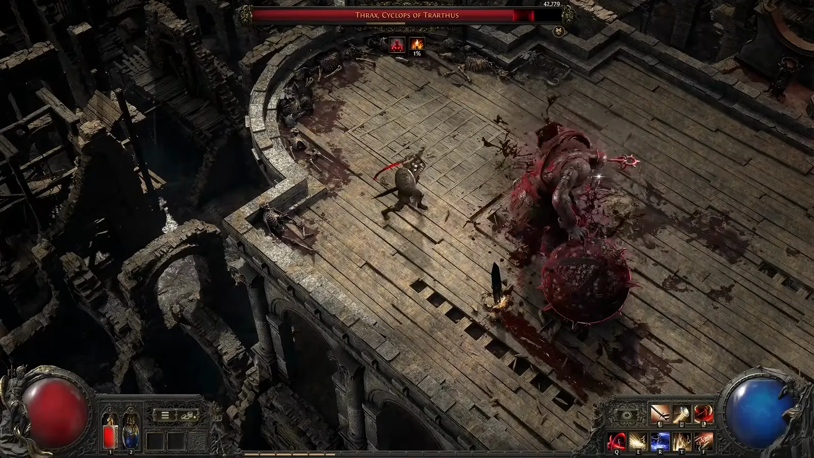 Frame from GGG’s Duelist deep dive: Thrax fight on a curved wooden arena with a large boss health bar (full subtitle not narrated)
