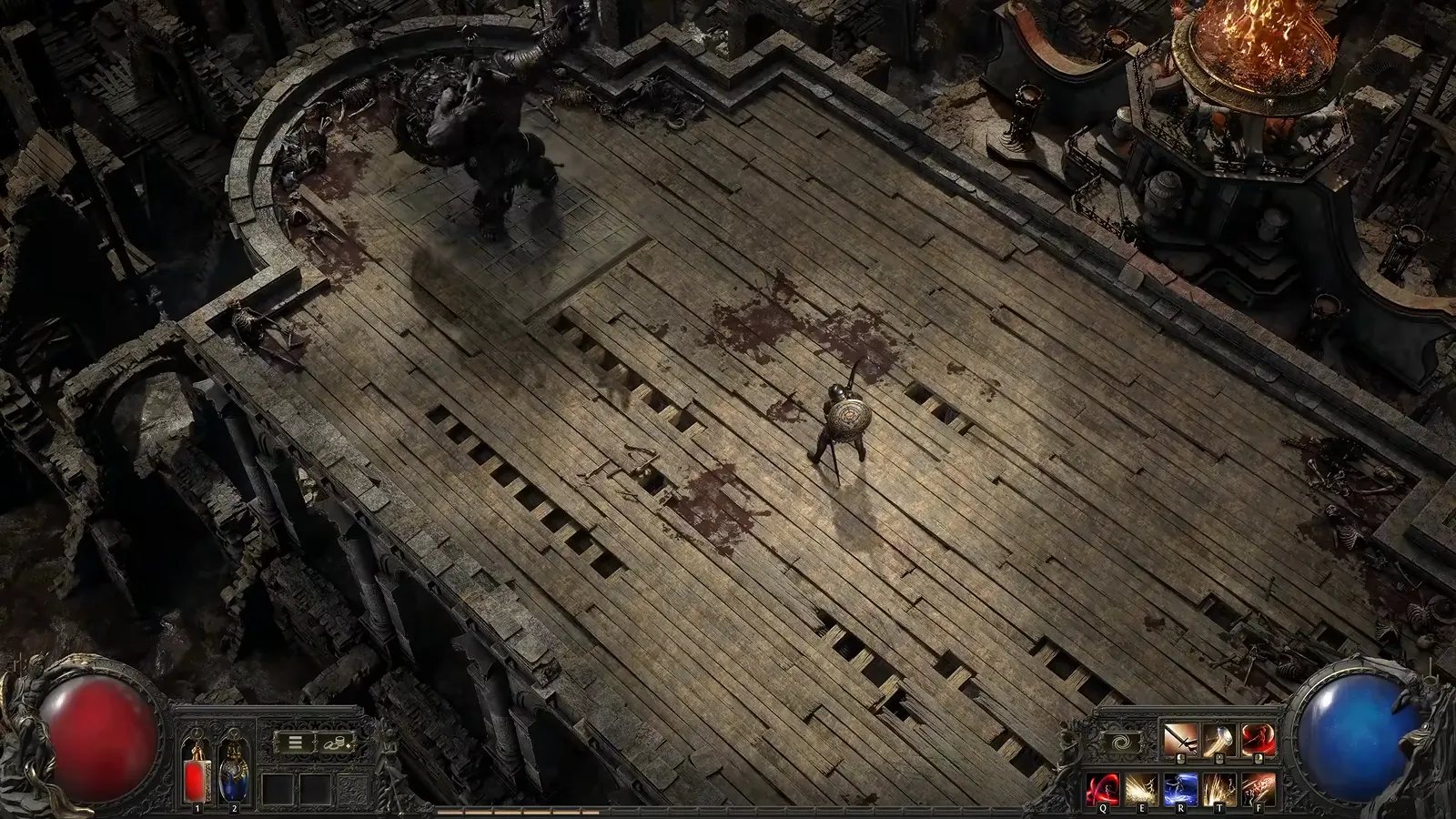 Frame from GGG’s Duelist deep dive: Duelist on a bloodstained wooden bridge arena in the Grand Arena ruins before the Thrax segment