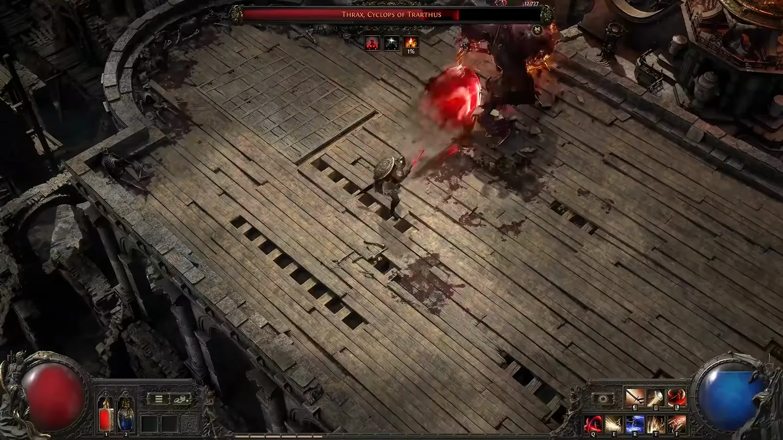 Frame from GGG’s Duelist deep dive: Thrax telegraphing a red glowing attack on the wooden Grand Arena bridge near the Duelist
